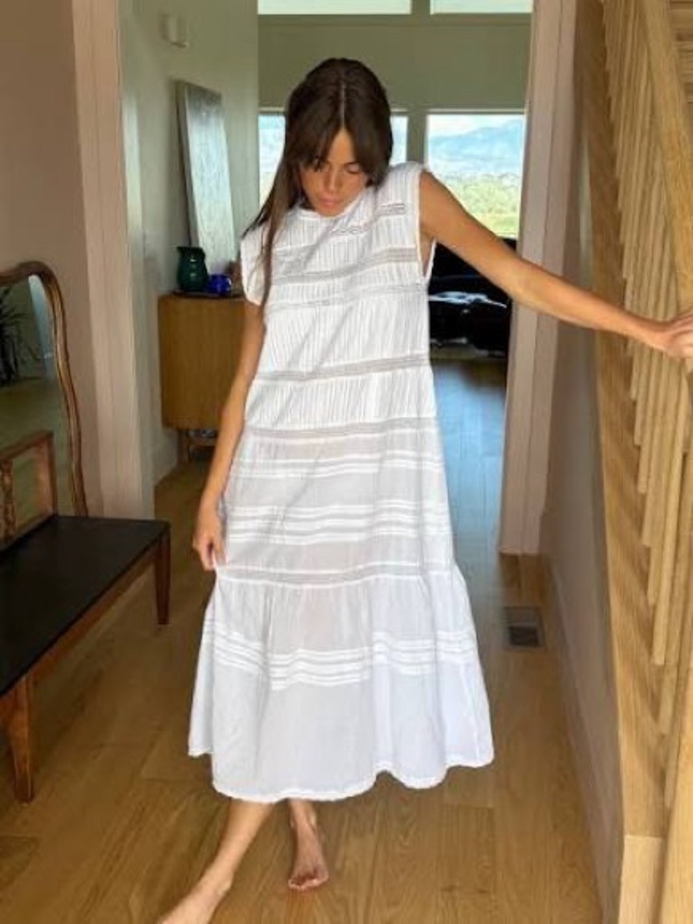 Sonderhaus Margot Dress Medium -Sleeveless White Tiered Midi - Casual Summer